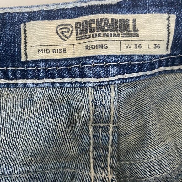 Rock & Roll Denim Riding Jeans Womens W36 L36 Mid Rise Boot Cut Thick Stitch Wes - Picture 2 of 12